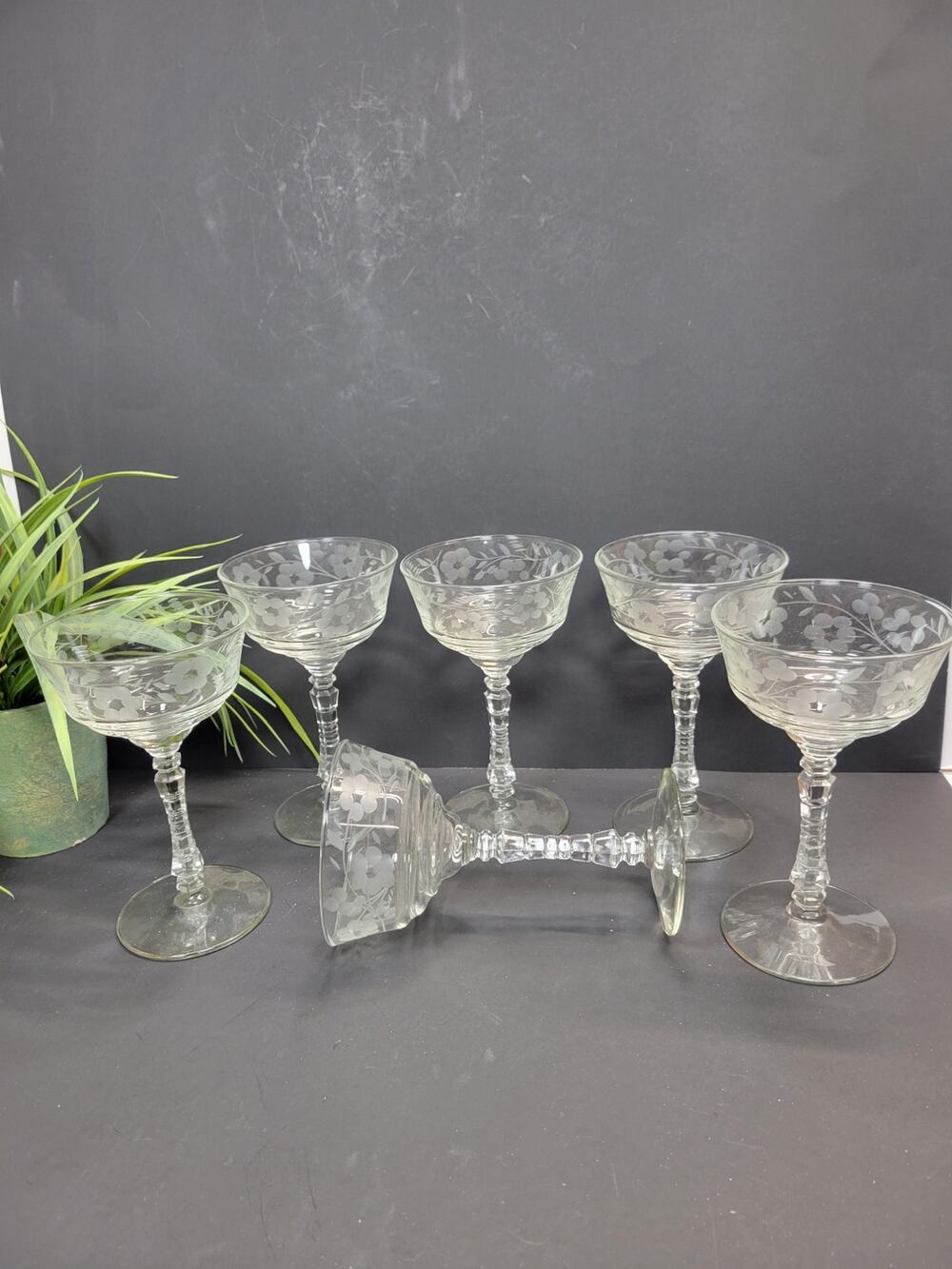 6 Vintage Libbey Rock Sharpe Etched Crystal Champagne Coupes